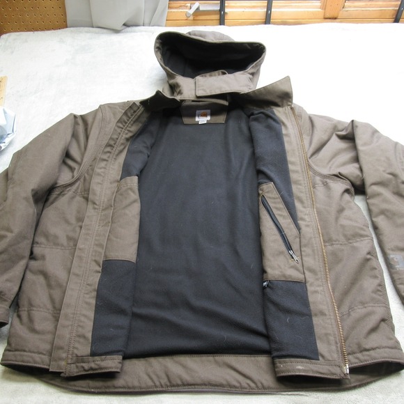Carhartt Work Jacket Mens XXL Brown Hooded Livingston Quick Duck Fleece Lined
